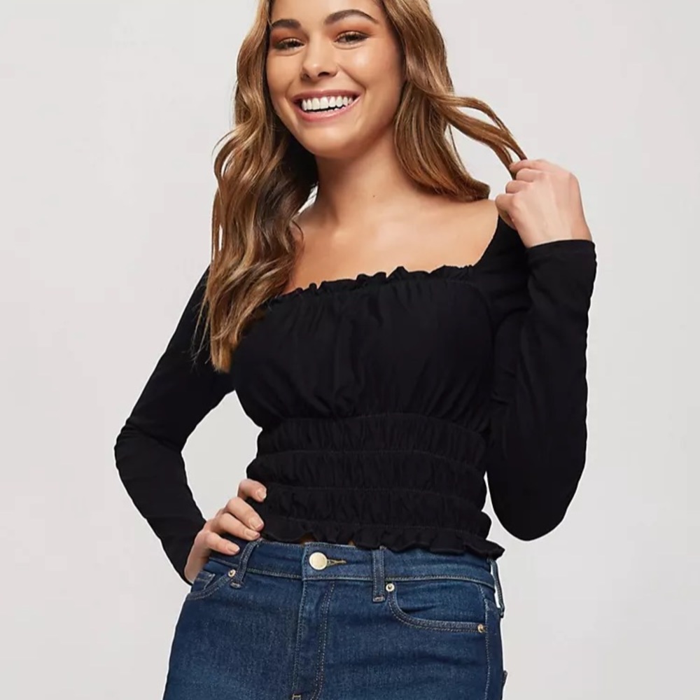 ASOS Miss Selfridge Shirred Square Neck Black Blouse